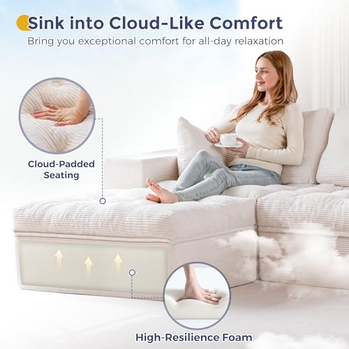 Image of MAXYOYO 132 inch U Shaped Modular Sectional Sofa with 2 Ottomans, Cloud Boneless Couch with Layered Cushion, Flexible Module Combination Sofa for Living Room, No Assembly Required, Beige