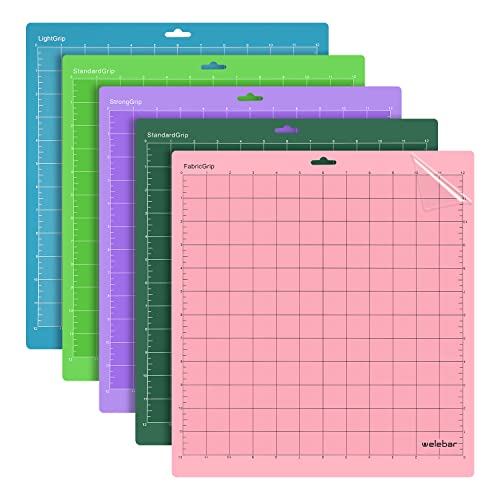 Welebar Cutting Mats Compatible with Cricut Maker 3/Maker 4/Maker/Explore 3/4/5/Air 2/Air 5 Pack(12x12 Inch StandardGrip/LightGrip/StrongGrip/FabricGrip) Quilting Cutting Mats
