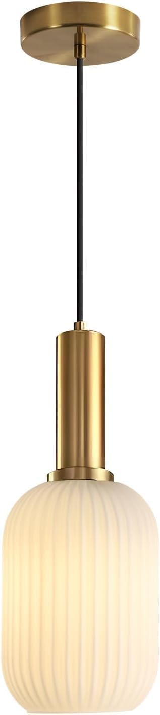 Photo 1 of KCO Lighting Modern White Ribbed Pendant Light Small 1-Light Milk Glass Kitchen Lighting Fixtures Ceiling Mount Mid Century Frosted Globe Pendant Light Single Brushed Gold Hanging Lighting, 13cm