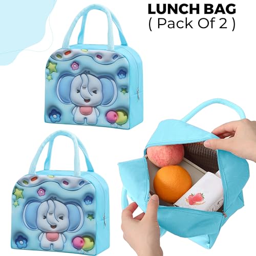 Image of Kraptick Printed Lunch Bag - Insulated Travel Tiffin Bag for Kids & Adults, Reusable Lunch Bag for Office, School Meal Organizer (Blue Elephant) (Pack of 2)
