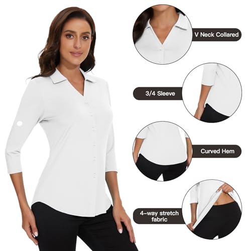 Image of Soneven Womens Golf Polo Shirts 3 /4 Long Sleeve V Neck Button Down Shirts Business Causal Work Blouses Tops