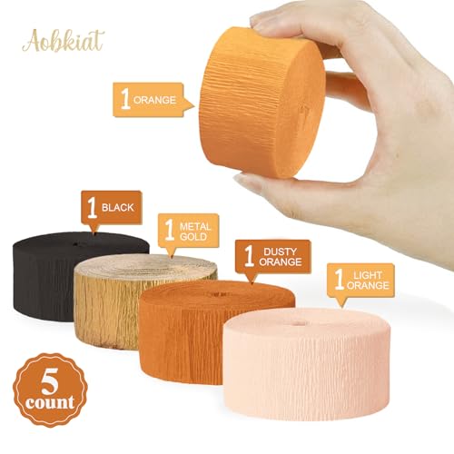 Image of AOBKIAT Fall Streamers Party Decorations,5 Rolls Pumpkin Orange Gold Black | Crepe Paper Streamers for Thanksgiving Day,Halloween,Birthday Wedding Baby Shower Retro Party Backdrop
