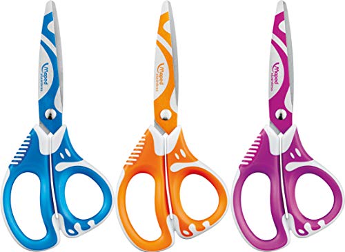 Maped - Tijeras Escolares - Zenoa Fit 13 cm - Tijeras Infantiles - Material Blando en el Interior de las Anillas - Sistema Amortiguador - 3 Diseños Diferentes