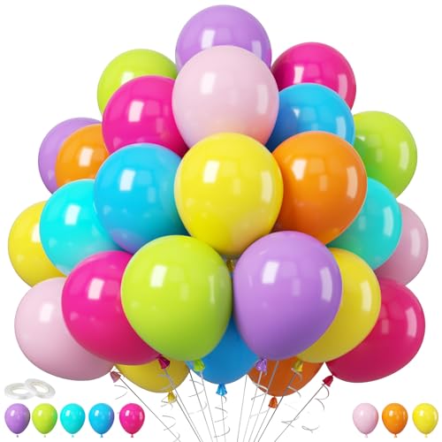 Image of Colorful Balloons, 60Pcs Rainbow Balloon, 12 Inch Latex Multicolor Balloons Bright Color Yellow Orange Hot Pink Teal Blue Green for Kids Birthday Baby Shower Summer Pool Hawaii Theme Party Decoration
