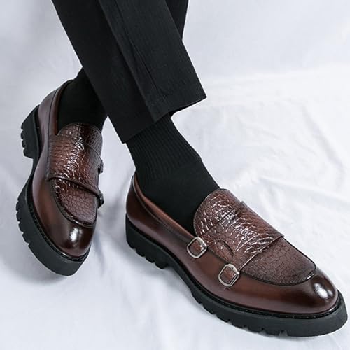 NELSBREXMen's Leather Printed Platform Lug Sole Penny Loafers with Double Monk Buckles Vintage Comfortable Slip-On Non-Slip Business Work Formal Shoes Party Wedding Dress Loafers3