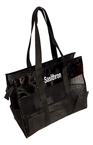 Waterproof Mesh Shopper Utility Beach Bag Zipper Organizing Tote (Black with Personalized Vinyl Name)