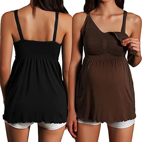 iloveSIA 2PACK Maternity Tops, 7027 Nursing Tank Tops, Breastfeeding Camisole Built-in Nursing Bras Black+Coffee Size M Cover