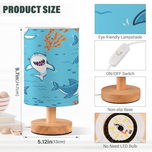 Ewusp Divertida lámpara de mesa de noche de tiburón de dibujos animados para dormitorio, lámpara LED de mesita de noche con puertos de carga USB, pantalla de tela y base de madera para escritorio - imagen 3