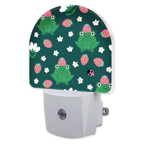 Image of Strawberry Frogs with Daisies Flowers Night Light Plug into Wall,Cute Childish Frog Dusk to Dawn Night Light Plug in,0.5w Energy Saving NightLight for Kids Boys Girls Home Decor