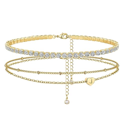 Image of Yanoda Initial Ankle Bracelets for Women, 14K Gold Plated Waterproof Dainty Layered Heart Letter Initial Anklets Personalized Gifts