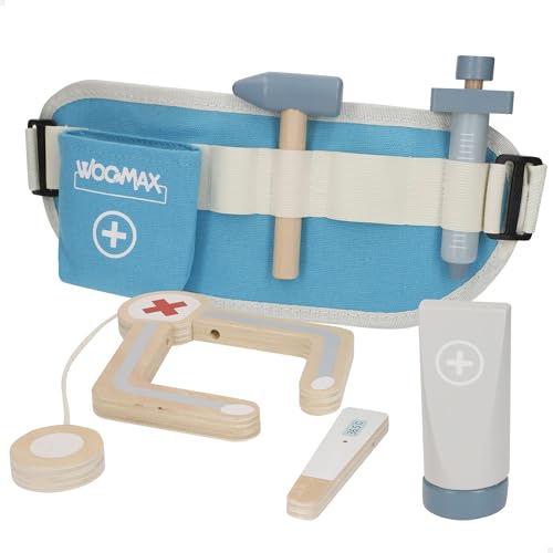 WOOMAX 33070 Conjunto de médico infantil, conjunto de 6 peças, cinto ajustável com compartimentos e acessórios para médico de madeira, selo FSC, jogos medicinais, brinquedo educativo 3 anos
