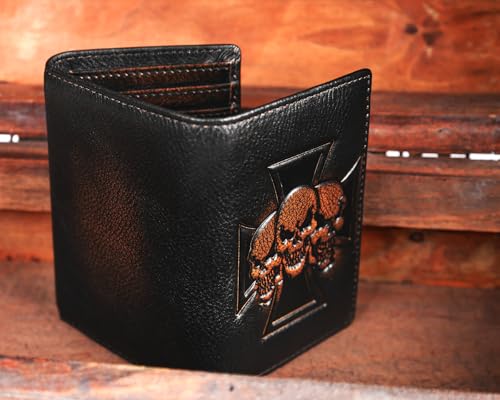 Image of DK86 Skull Trifold Wallets for Men Full Grain Leather with Hand Burnished Tri-Fold Wallet RFID Blocking (Black and Brown: Style B)