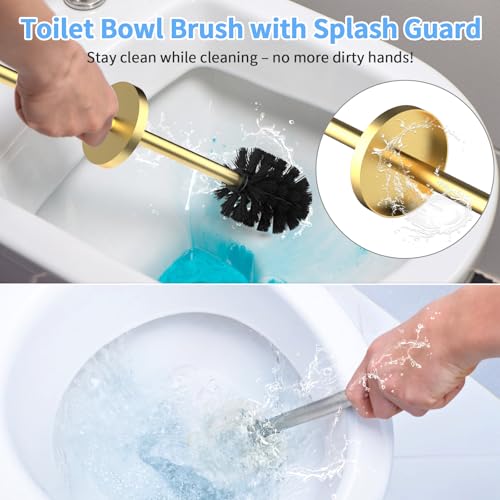 Image of Stainless Steel Toilet Brush and Holder Set Brushed Silver Heavy Duty Toilet Bowl Brush with Long Handle for Bathroom and Farmhouse (Gold)