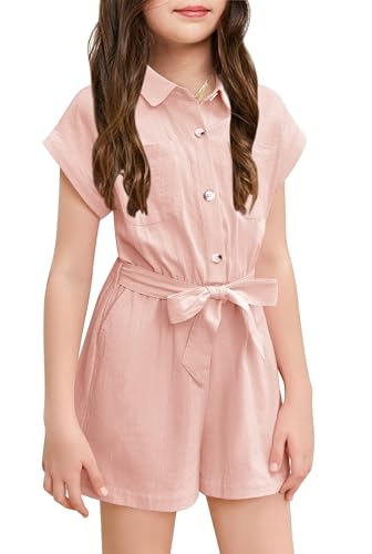 Haloumoning Niedlicher Jumpsuit für Mädchen Sommer Kinderoverall Button Down mit Gürtel Kinder kurzer Romper mit Taschen Rosa, 10-12 Jahre