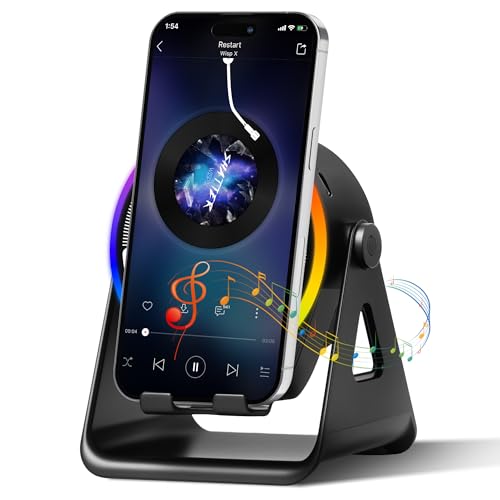 Cawinii Altavoz Bluetooth de Inducción Inalámbrica, 4 en 1 con Soporte de Teléfono Giratorio 360° y Luz Ambiental RGB, Sonido Estéreo Surround de Alta Definición con Soporte para Teléfono (Negro)
