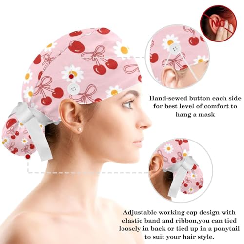 Image of Butterfly Scrub Cap Women with Ponytail & Buttons Adjustable Surgical Nurse Hat with Cotton Sweatband for Long Hair