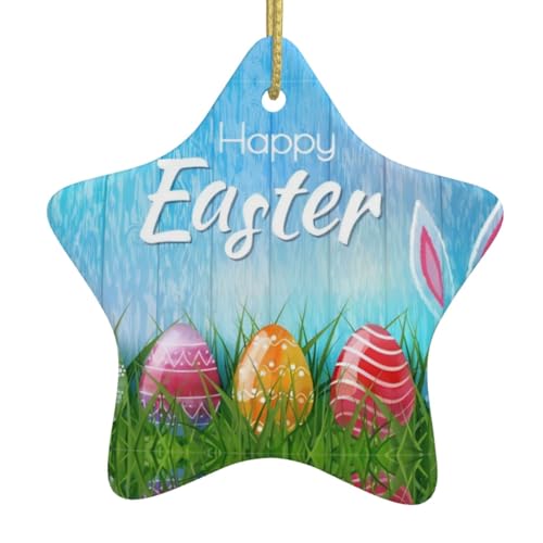 Easter Egg Bunny Grass Wooden Print Christmas tree Ceramic hanging - Perfect for Holiday Party & Home Decor, Keepsake with Golden Rope