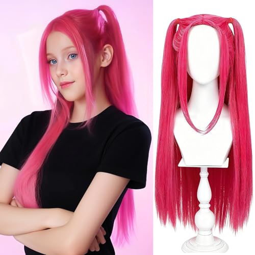 Pink Wig for Kids Hot Pink Wig for Girls Long Rose Red Straight Wigs for Child Heat Resistant Synthetic wigs with wigs Cap Synthetic Anime Red wigs for Halloween Carnival (Hot Pink - Child)