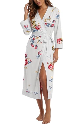PrinStory Bademantel Damen Lang 3/4 Ärmeln Morgenmantel Leichter V-Ausschnitt Kimono Roben Nachtwäsche Mit Bund (Rosenweiß L)