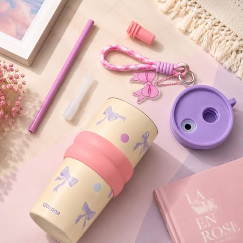 Image of Vasukie Tumbler with Stainless Steel Tumbler with Straw Lid, Wrist Strap & Decorative Bow Charm - Pink & Lavender Travel Cup,Gym,Home YL