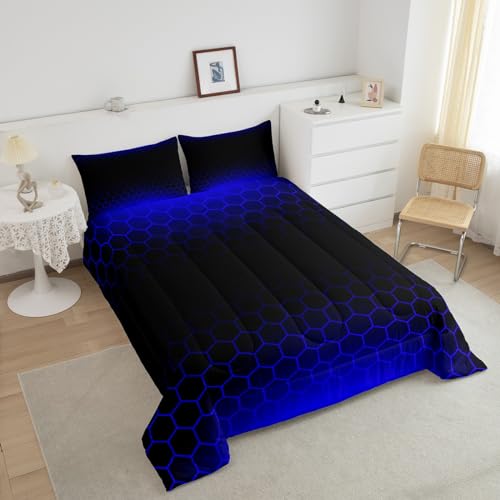 Image of Blue Black Ombre Honeycomb Bedding Set Twin Size, Geometrics Hexagon Comforter Abstract Blue and Black Comforter Set for Kids Toddler Beehive Hexagon Duvet Set Durable Bed Set 2Pcs