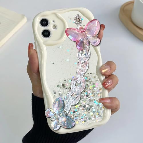 Image of KC Back Cover for Redmi Note 14 Pro Plus 5G - Crystal Butterfly Wrist Bracelet Dry Fixed Glitter Curly Wave Shape Shockproof Soft Silicone Case with Camera Protection (White)