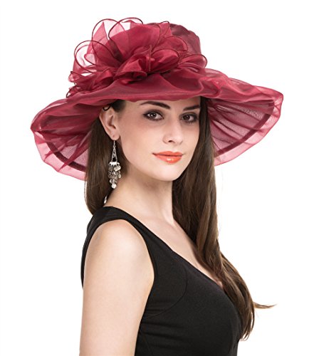 Women's Organza Church Kentucky Derby British Fascinator Bridal Tea Party Wedding Hat Summer Ruffles Cap, Hjh-burgundy Bowknot, Medium