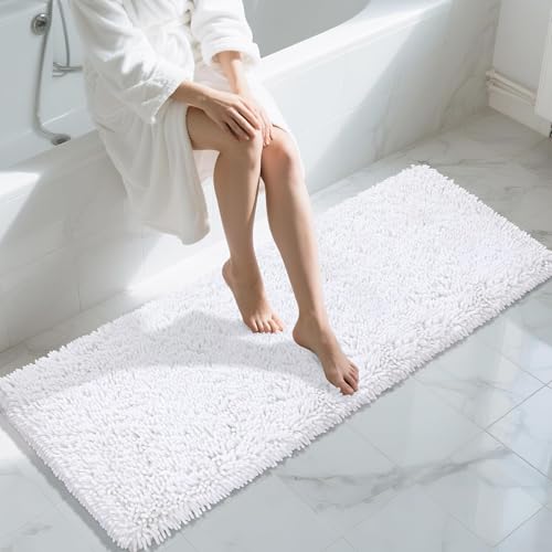 Image of Yimobra Long Bathroom Rugs Runner 60x24 Inch, Extra Thick Soft Absorbent Chenille Bath Mat, Non Slip Machine Washable, Quick Dry Bath Rugs for Bathroom Floor, Tub and Shower, White