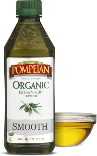 Image of Pompeian Smooth Organic Extra Virgin Olive Oil - 16 Fl Oz - First Cold Pressed Olive Oil for Cooking - Smooth Taste for Sauteing, Stir-Frying, and Baking (Pack of 5)