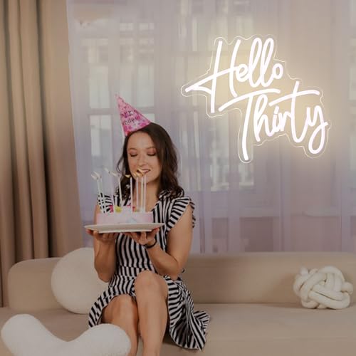 Image of Hello Thirty Neon Sign, LED Neon Signs for Thirty Birthday Anniversary Backdrop, 30th Birthday Party Decor Favors Neon Lights for Couple Anniversary and Birthday Party Decoration