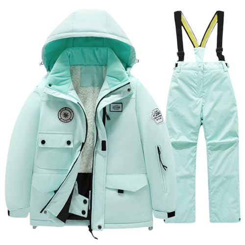Boys Girls Winter Ski Jacket & Pants Set 2-Piece Snowsuit Windproof Hooded Puffer Down Jackets Bib Pants Ski Suit Outfit