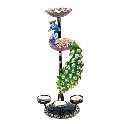 Miracle Craft Metal Multicolor Elegant Peacock T Light Candle Holder showpiece