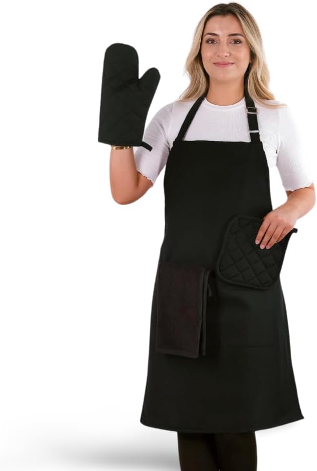 Apron Set 3 pcs; Aprons For Women With Pockets, Oven Mitts and Pot Holders Sets Heat Resistant, Aprons For Men, As Chef Apron