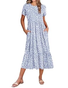 Zeagoo Kleid Damen Sommer Elegant Kurzarm Lang Sommerkleid A Linie Blumenkleid Strandkleid Fließend Midikleid