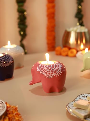 Image of Craftribal's Elephant Shaped Ceramic Table Tea-Light Holder-Votive Tealight Holder for Dining Table Candle Stand for Home Decoration Candle Holders for Home Items in Living Room(Mulitoclor,Set of 6)
