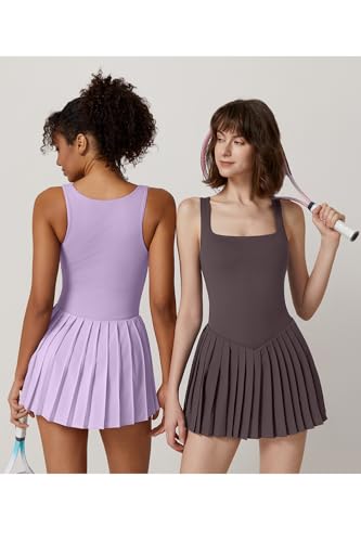 Image of QINSEN Womens Square Neck Tennis Dress Pleated Sleeveless Built in Shorts Golf Athletic Dress with Pockets