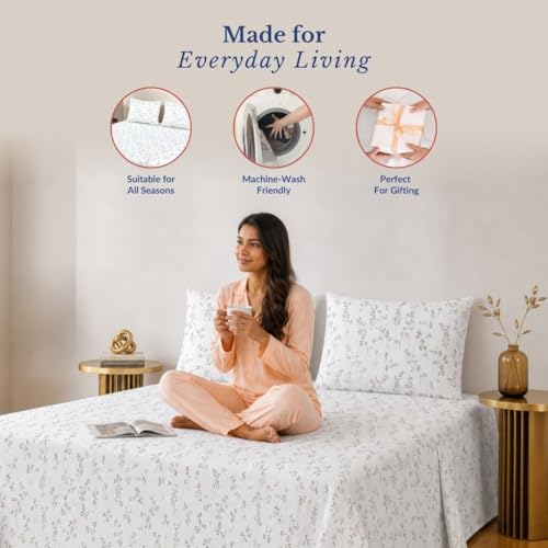 Image of Jaipur Weaves Double Bed Cotton Bedsheet Queen Size 90x100, 100% Pure Cotton Bed Sheet with 2 Pillow Covers, 240 TC Soft Breathable Floral Design - (Spring Tulips Brown, Queen)