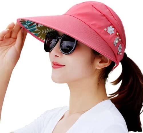 Polyester Sun Visor Hats For Women UV Protection Wide Brim Summer Cap For Girls Hat UV Protection Breathable Casual Beach Hat, Sun Protection Cap (Watermelon Red), Large