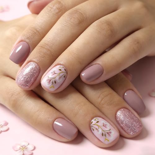 Spring Press on Nails Purple Short Square Fake Nails Glitter Fals...