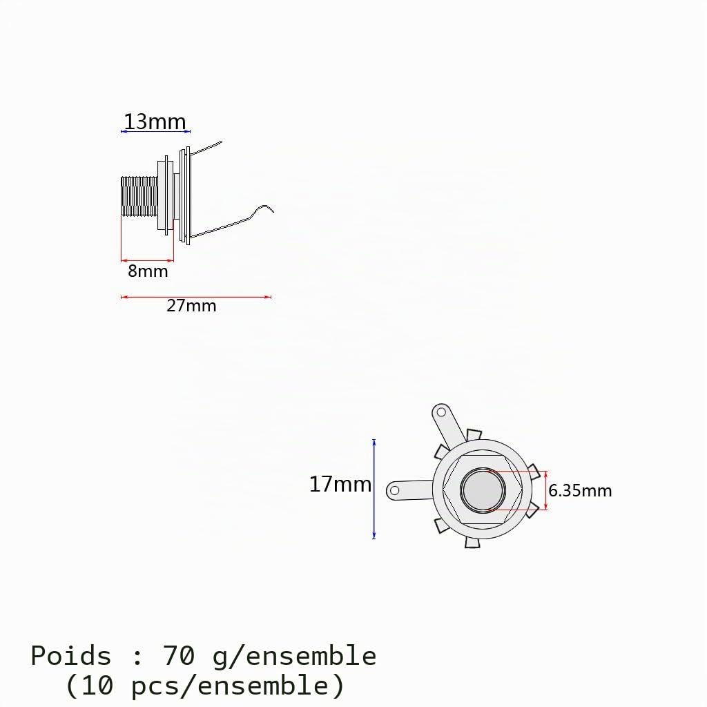 Alnicov 1/4 pouce Mono Jack Socket Stratocaster Connecteur de Remplacement Femelle Montage Sur Panneau pour Bass Electric 10 Pcs