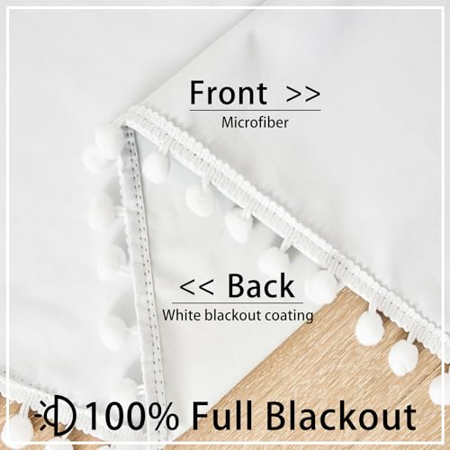 Image of Treatmentex White Blackout Curtains for Living Room Bedroom 90inch Long Pom Pom Curtain Panels for Windows Thermal Insulated Curtains for Kids Nursery Room Rod Pocket 52 inch W x 2pcs