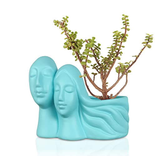 Image of Lasaki Couple Aqua Ceramic Pots for Indoor Plants, Planters, Flower, Pots, gamla, Outdoor, Balcony, Home, Garden, Office Decor, Succulent Pot(L - 16 X W - 10 X H - 14.5 cm)(Plants not Included)