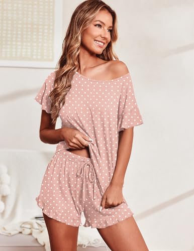 Image of Ekouaer Women's Pajama Set Ruffle Sleeves Top and Short | 2 Piece Ruffle Hem Sleeves Top and Shorts Pjs Set, Soft Short Sleepwear Set, Elastic Waistband Design
