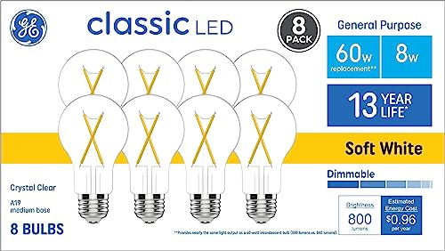 GE 60 Watt EQ A19 Classic Crystal Clear Soft White Medium Base (e-26) Dimmable LED Light Bulb 8-Pack