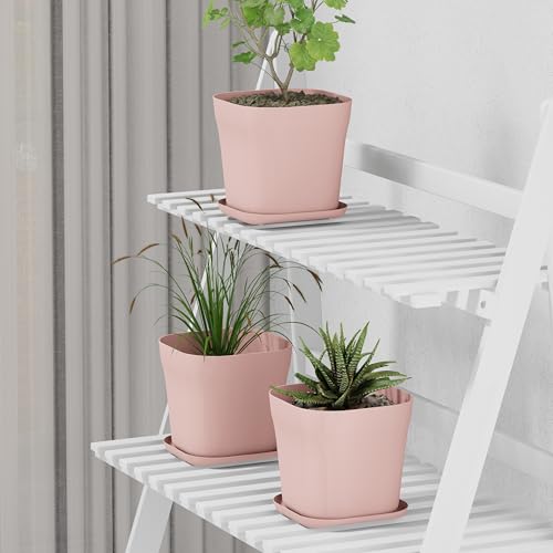 Image of StyleX Store Pack of 3 Square Plastic Flower Pot with Tray | Modern Indoor Outdoor Planter for Home Balcony Garden Office | Durable Lightweight Planter Pot | 6 Inch, Pink