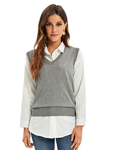Grace Karin Pure Grey Sweater Vest V-Neck Sleeveless Pullover Sweater Vest 2Xl #TOP3
