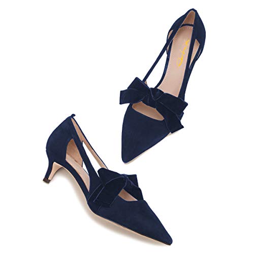 XYD Women Kitten Low Mid Heel Pointy Toe Pumps Elegant Cutout Bows Slip on Dress Office Lady Shoes3