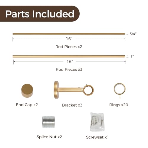 Image of TWOPAGES Adjustable Curtain Rods for Windows 32 to 76 Inch, Wall Mounted Heavy Duty 1 Inch Gold Curtain Rod with Rings, Carbon Steel Curtain Rod Set