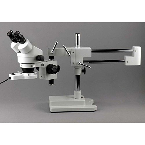 Image of AmScope SM-4BX-FRL Professional Binocular Stereo Zoom Microscope, WH10x Eyepieces, 3.5X-45X Magnification, 0.7X-4.5X Zoom Objective, 8W Fluorescent Ring Light, Double-Arm Boom Stand, 110V-120V, Includes 0.5x Barlow Lens