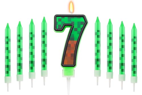 Pixels Themed 7th Birthday Candle, Pixels Cake Topper for Boys Girls, 9 Pcs Candle Set, Game Cartoon Theme Birthday Party Supplies (Number 7)